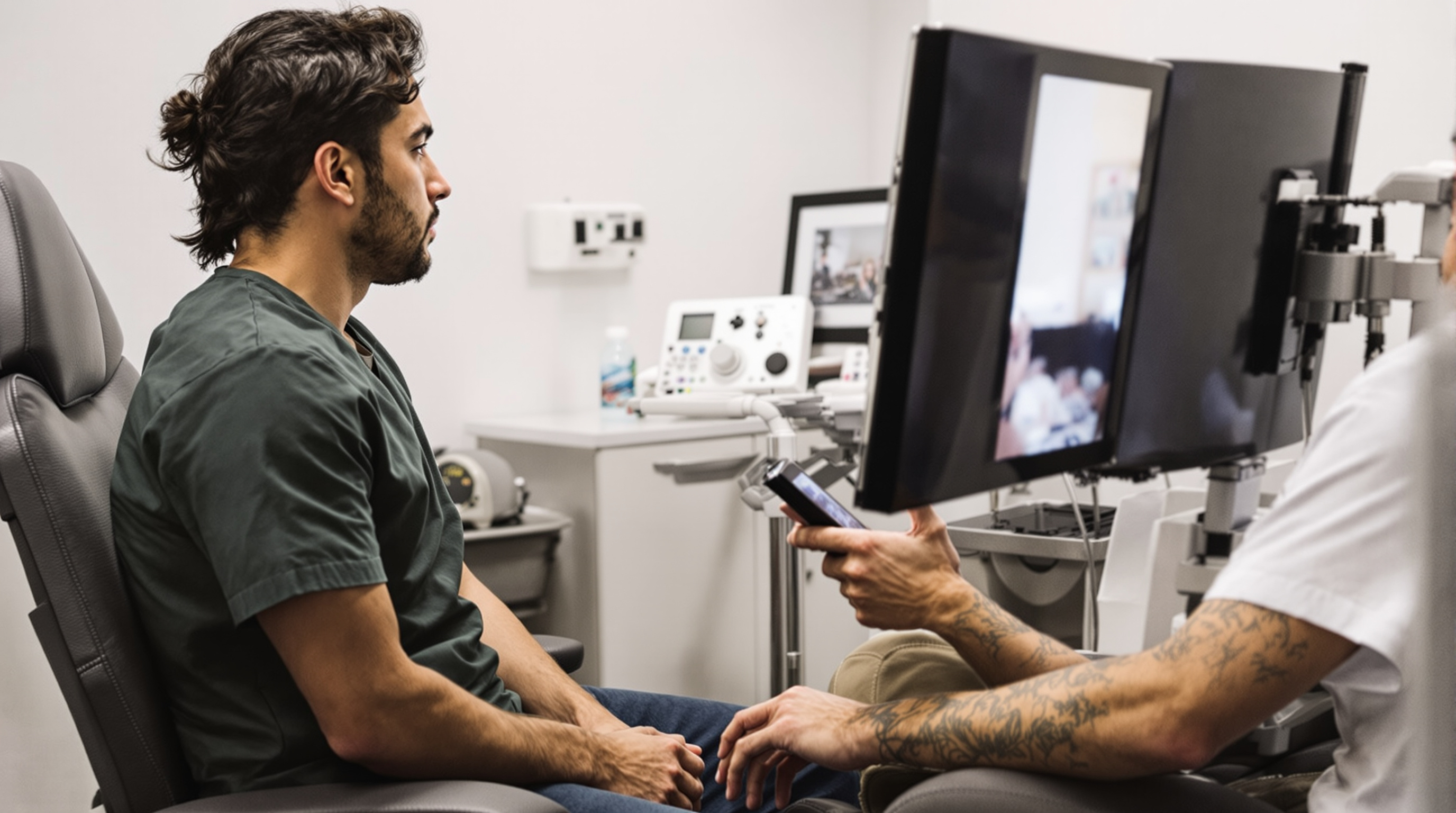 A dermatologist examining a patient's shoulder skin with a handheld dermatoscope in a sunlit exam room