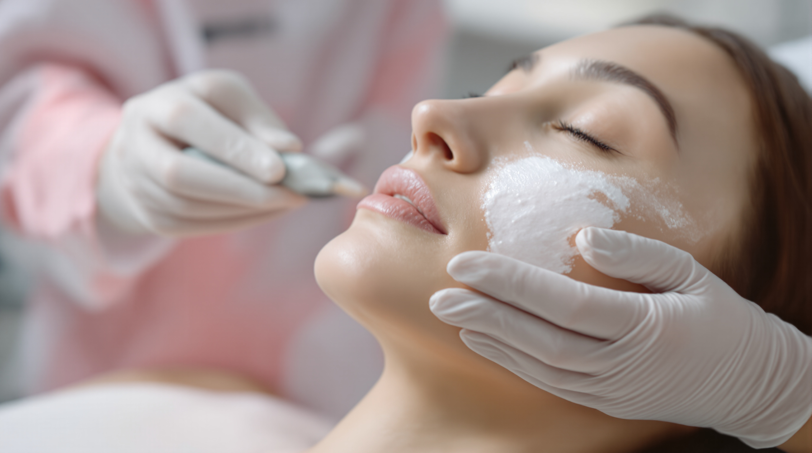 A gloved dermatologist applying a chemical peel solution to a reclined patient's face with a soft brush in a bright modern clinic