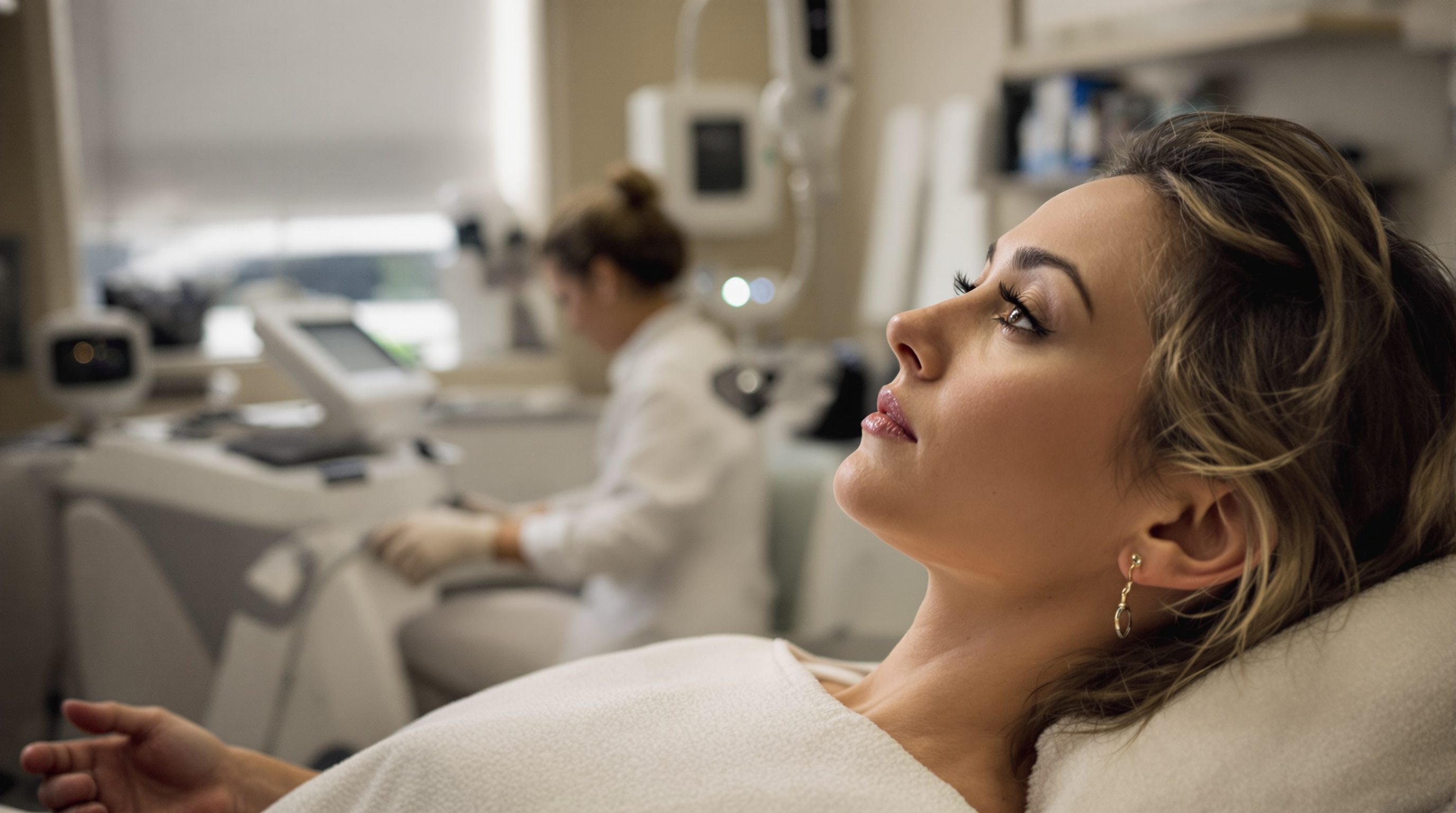 A dermatologist in a white coat seated at a modern consultation desk holding a dermatoscope