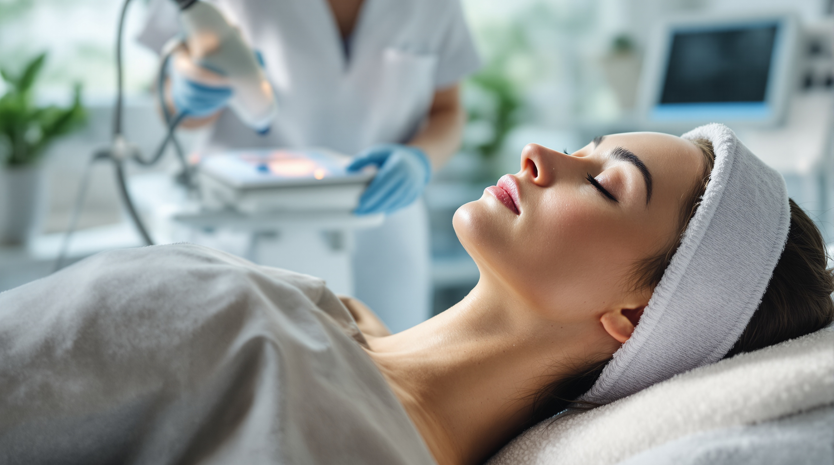 A dermatologist preparing a reclined patient for a laser treatment in a bright modern clinic room