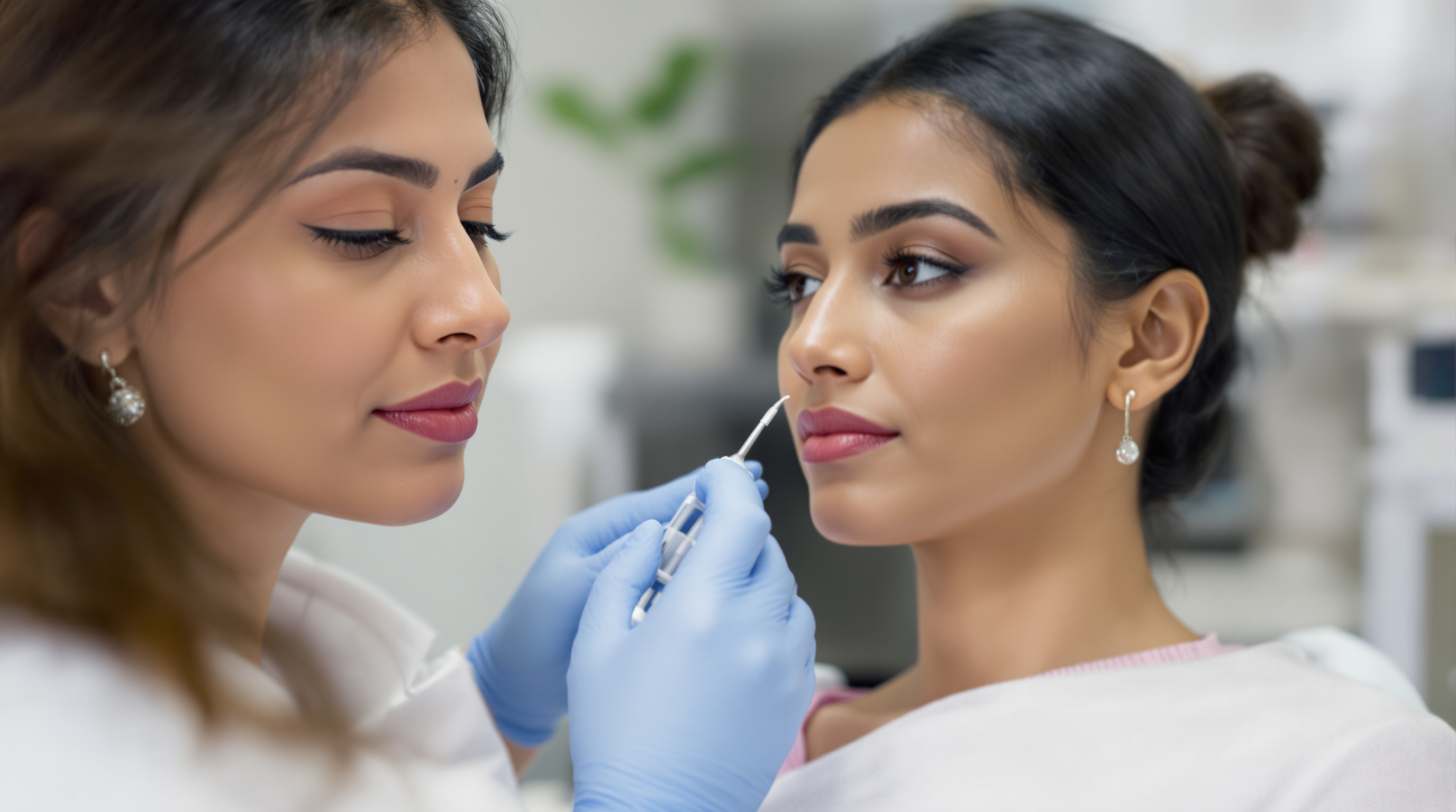 A young woman studying her reflection in a clinic mirror during an injectable consultation