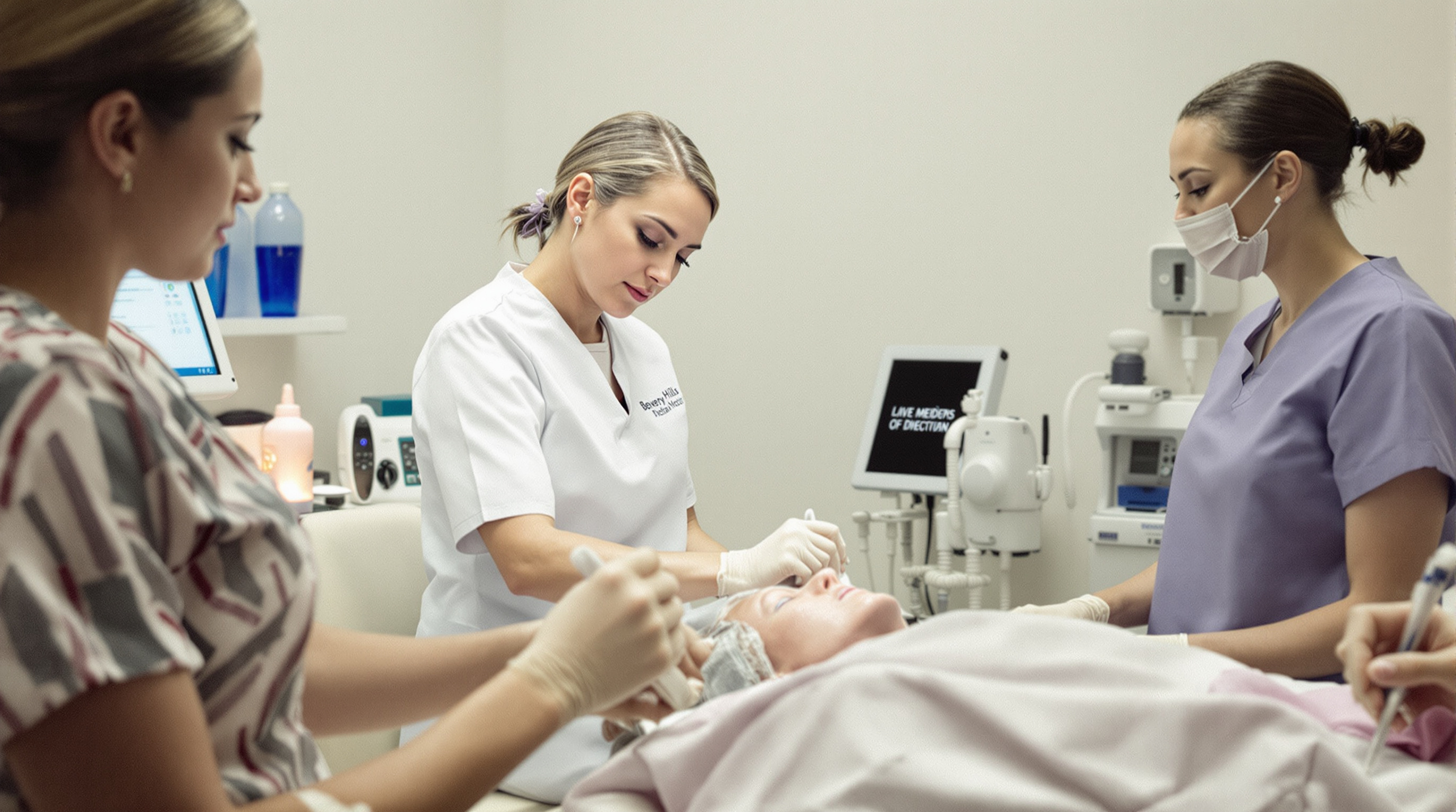 A patient speaking with the receptionist at the front desk of an upscale dermatology office